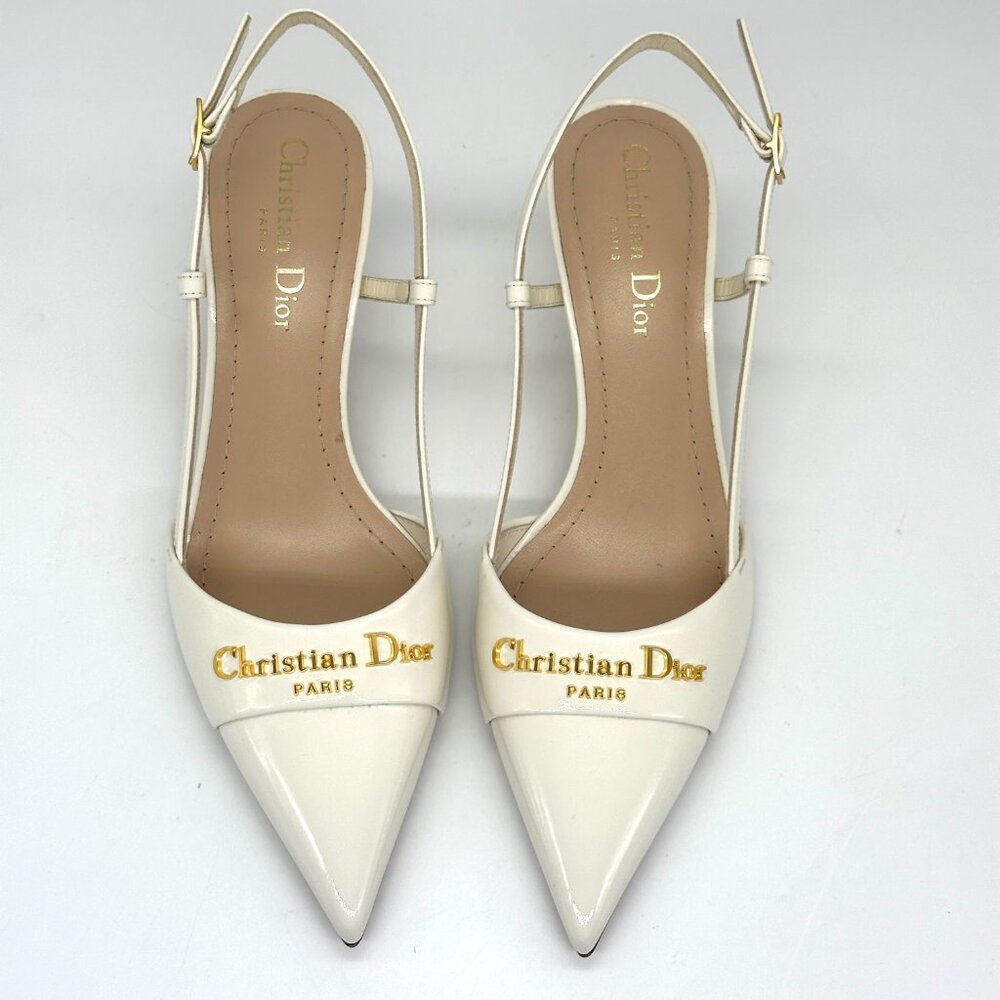 DIOR MY 50 Patent Leather Slingback Sandals Kitten Heels Pumps Shoes Ivory - Picture 9 of 16